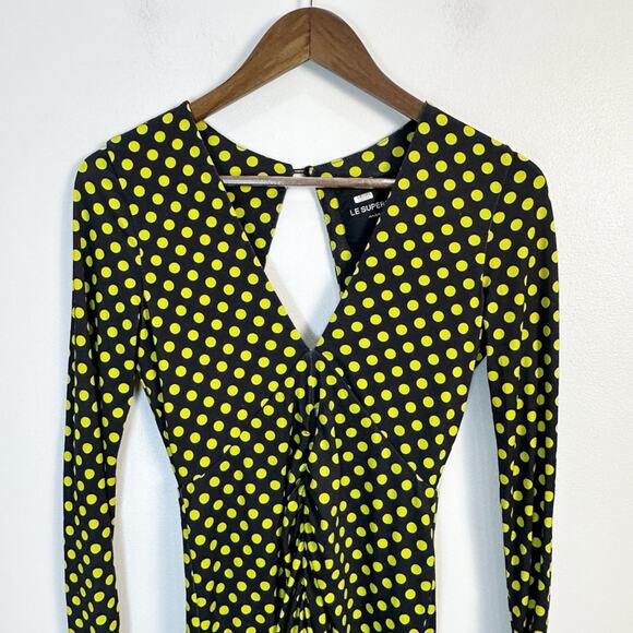 Le Superbe Elastica Black Yellow Neon Polka Jersey Mini Dress Cut Out Back XS - Picture 3 of 14